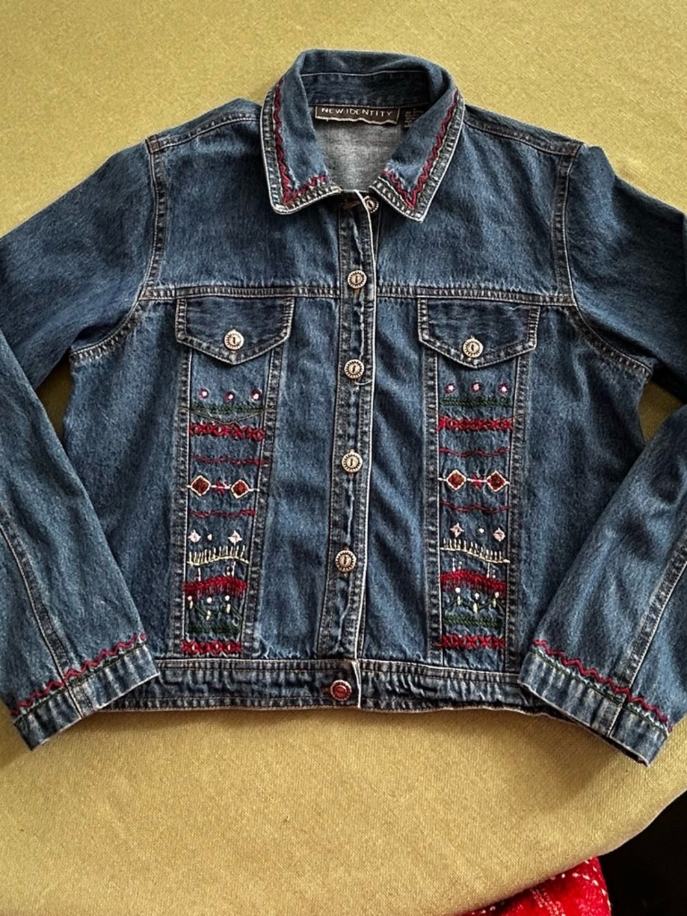 The New Identity Women's Embroidered Dark Blue Denim Jacket Y2K Embelished